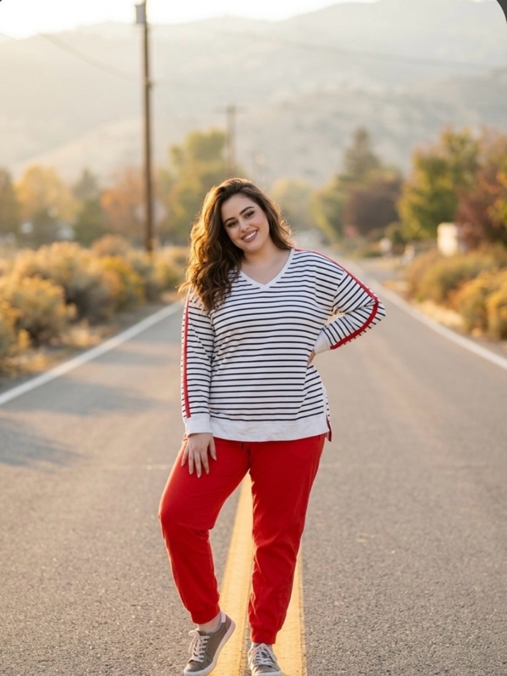 Chico's White,Black Striped & Orange Top w/Orange Joggers